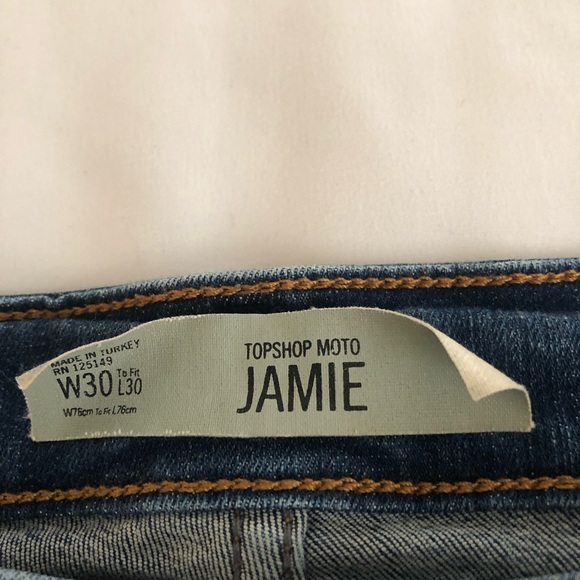 Topshop Moto Jamie Size 30x30 Jeans Blue Stretch Skinny High Rise Distressed Zip - Picture 8 of 8